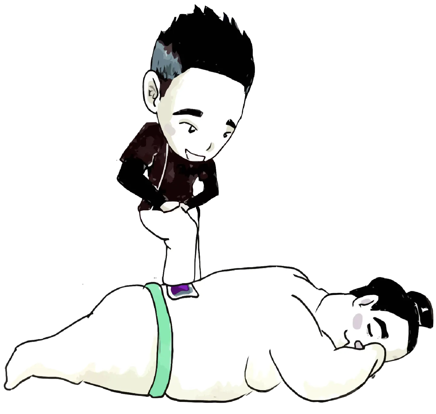 Illustration Tanikawa Ryu Sokuatsu massage de pied sur sumo sportif